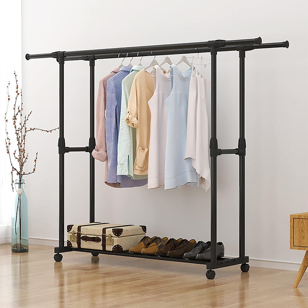 Penderie Mobile Double Barres Extensible Hauteur réglable avec 4 Roulettes V6