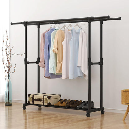 Penderie Mobile Double Barres Extensible Hauteur réglable avec 4 Roulettes V6