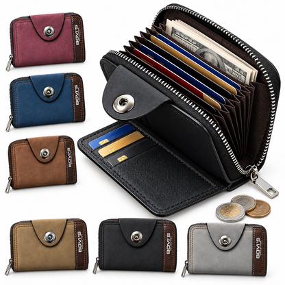 Portefeuille Porte-Cartes Sécurisé Zippé en Simili Cuir Bovi - محفظة وحاملة بطاقات جلدية متعددة الجيوب بسحاب