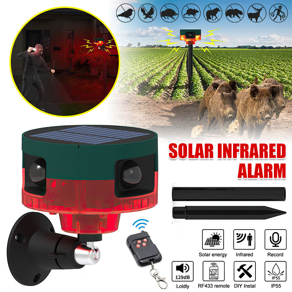 Répulsif pour animeux Capteur de mouvement à énergie solaire, alarme sonore et lumineuse 6 LED - مستشعر حركة يعمل بالطاقة الشمسية لطارد الحيوانات