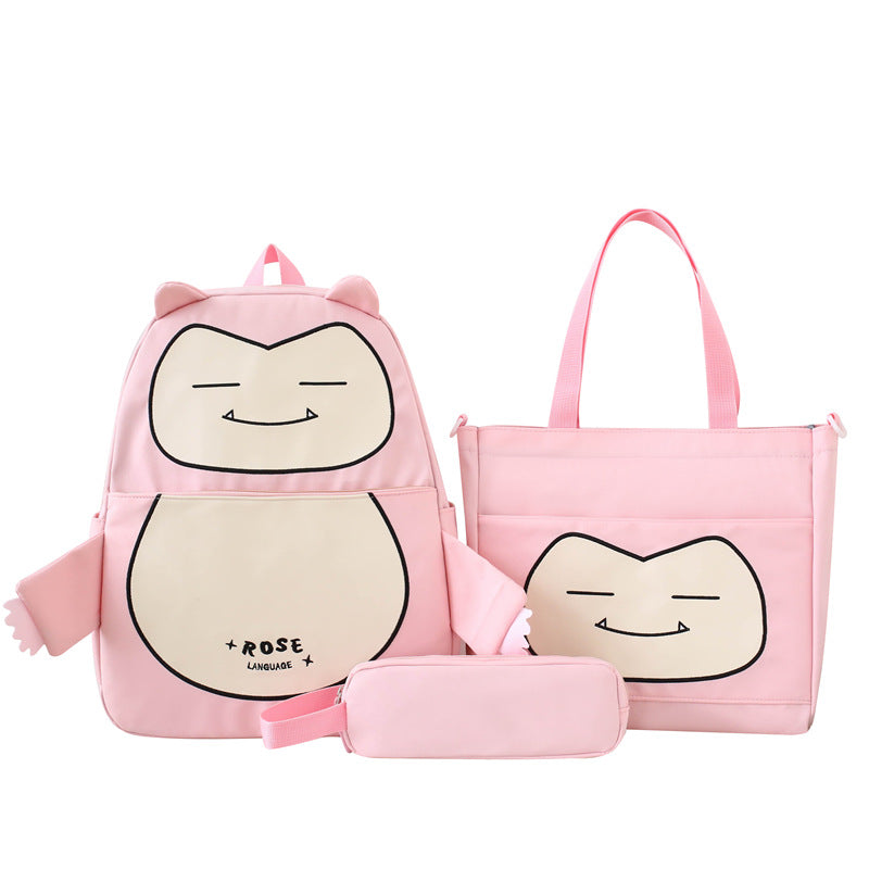 Ensemble de Sacs Snorlax 3Pcs Design Kawaii Rose- حقيبة مدرسية 3 قطع لون وردي