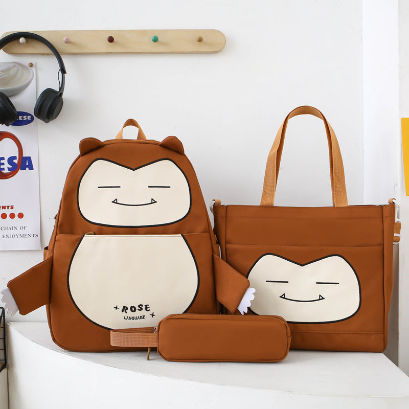 Ensemble de Sacs Snorlax 3Pcs Design Kawaii Marron – حقيبة مدرسية 3 قطع لون بني تنزوت