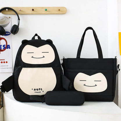 Ensemble de Sacs Snorlax 3Pcs Design Kawaii Noir – حقيبة مدرسية 3 قطع لون أسود