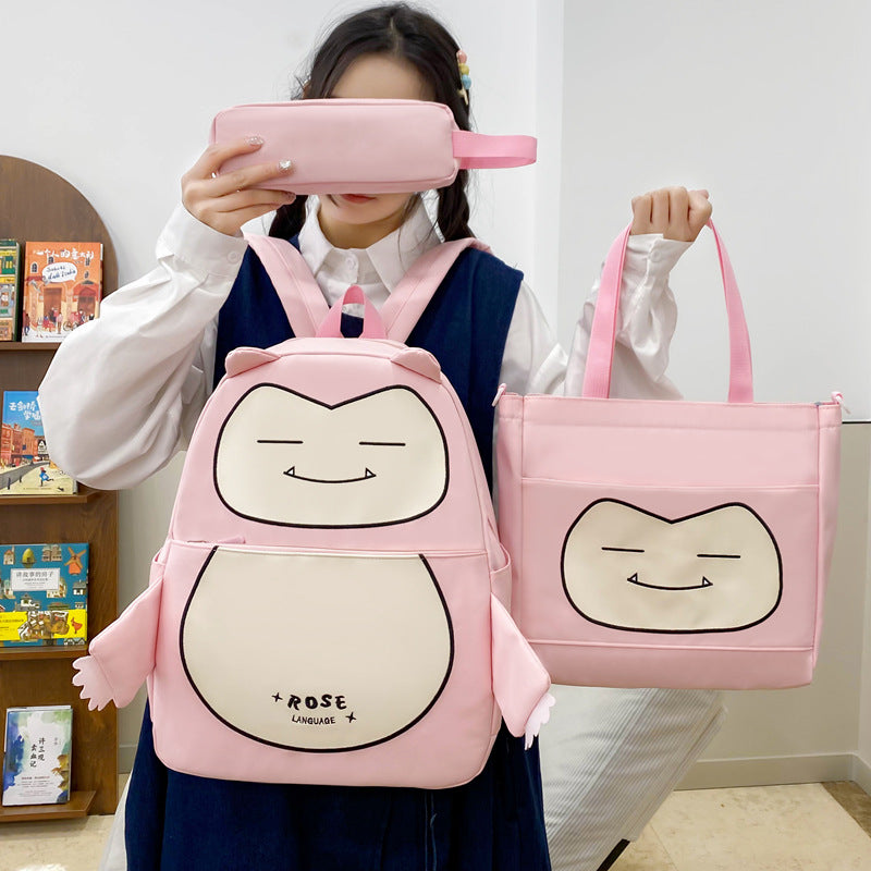 Ensemble de Sacs Snorlax 3Pcs Design Kawaii Rose- حقيبة مدرسية 3 قطع لون وردي تنزوت