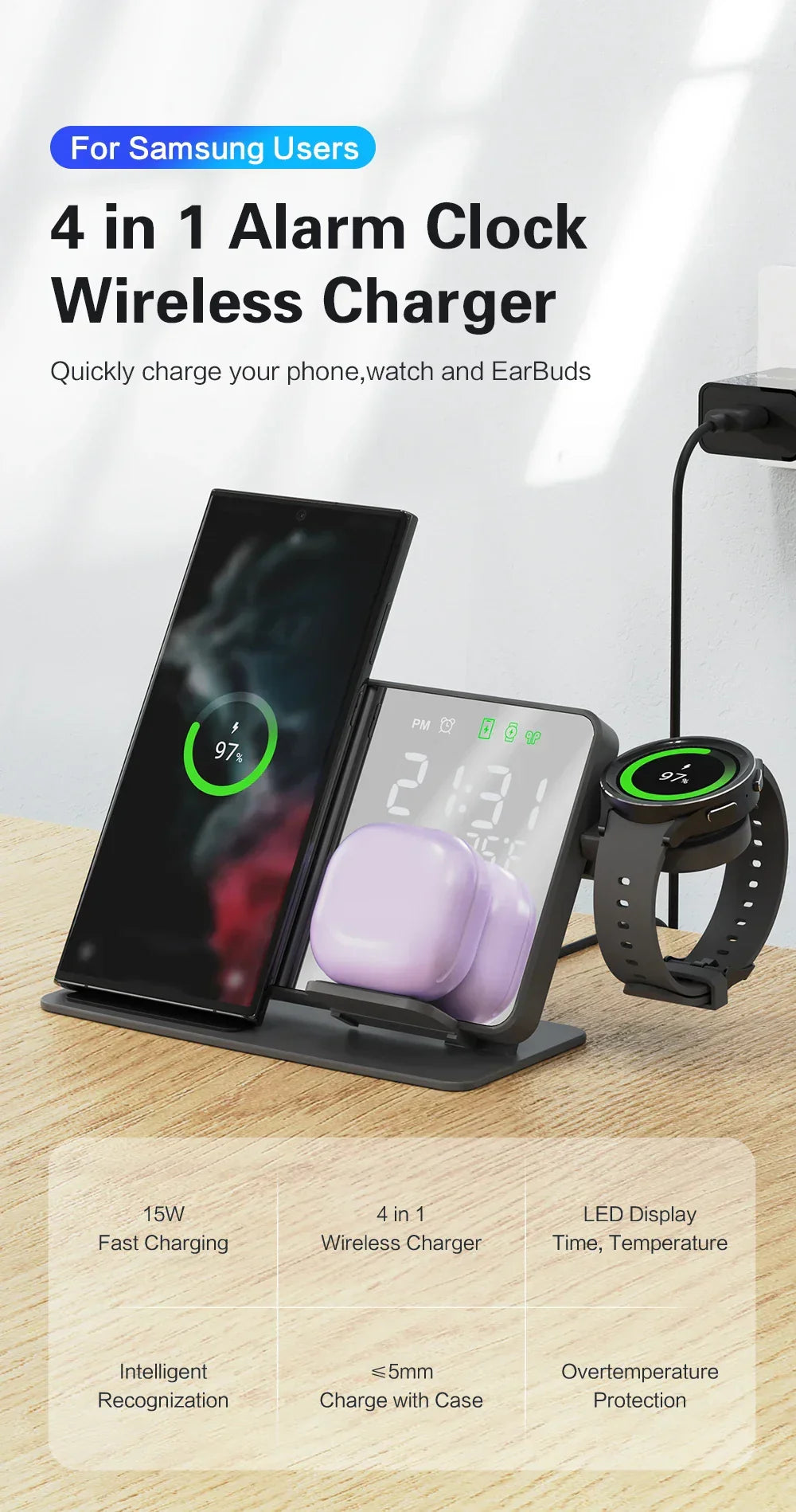 Chargeur sans fil 4 en 1 et station de charge ultra rapide avec Miroir Réveil integré