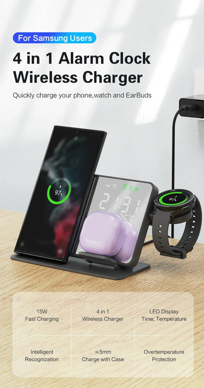 Chargeur sans fil 4 en 1 et station de charge ultra rapide avec Miroir Réveil integré
