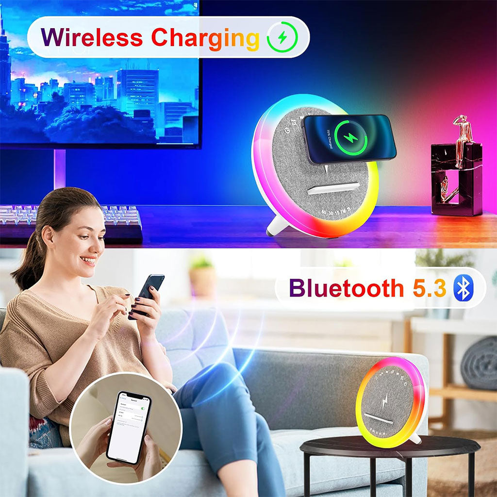 Haut-parleur et Lampe de Chevet avec Lumière d’ambiance RGB et Chargeur Induction 15W – مكبر صوت وشاحن لاسلكي مع إضاءة ملونة