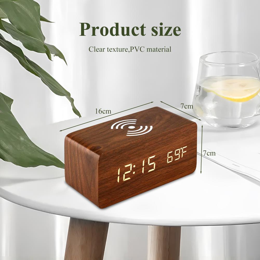 Réveil numérique de bureau en bois avec socle de charge sans fil Qi
