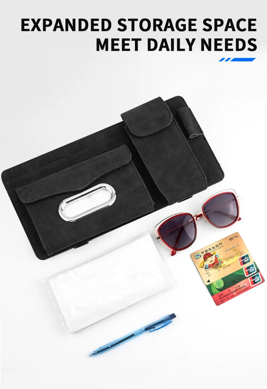 Sac de rangement universel pour pare-soleil de voiture avec étui à lunettes, porte