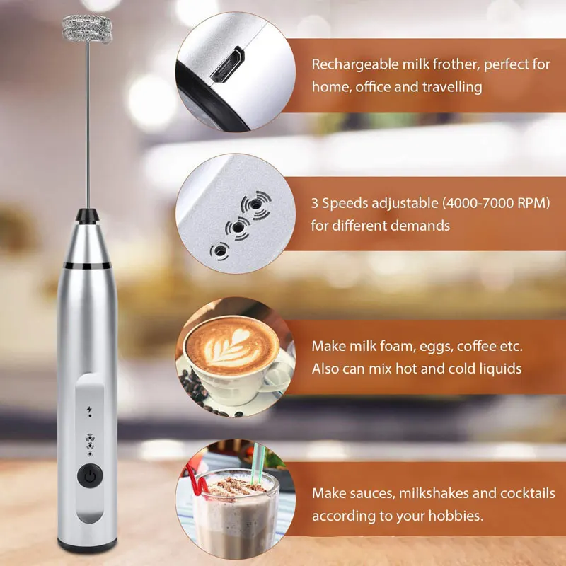 Mousseur à Lait, USB Rechargeable Portable mini fouet electrique 3 Vitesses avec Dual Fouet Tête Spirale