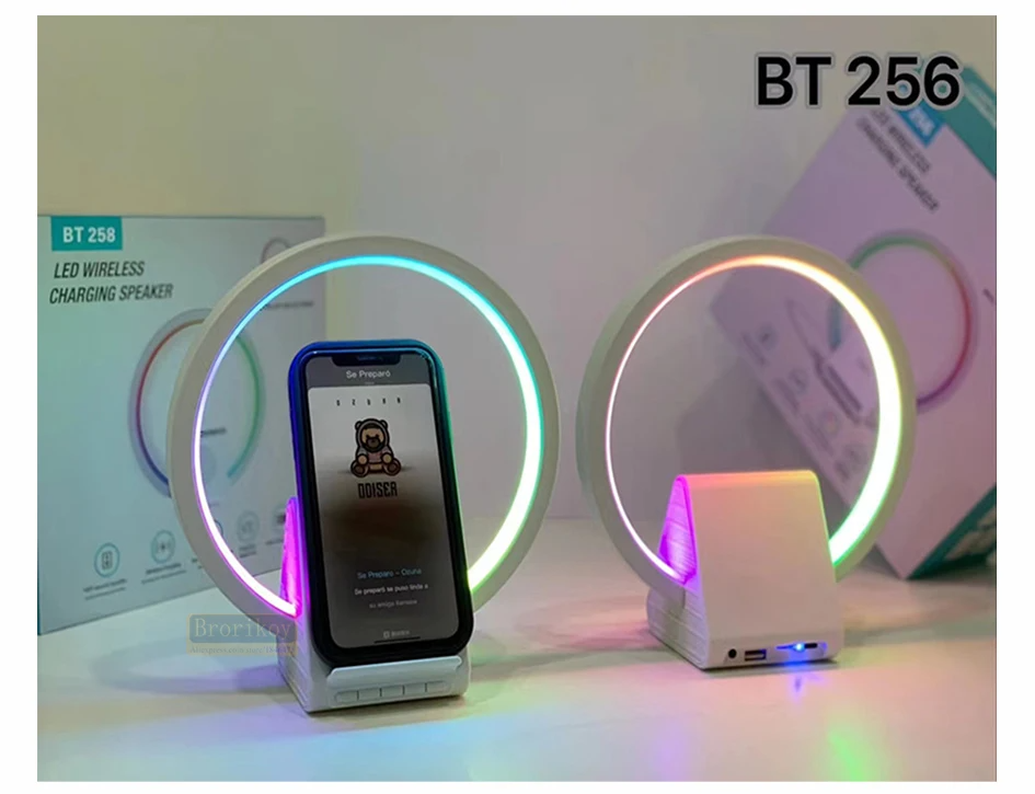 Lampe de chevet avec chargeur sans fil, haut-parleurs Bluetooth rechargeables support de charge rapide, 15W BT-256