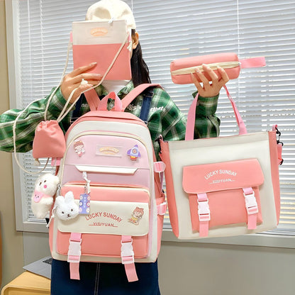 Ensemble de sacs d’école Kawai pour adolescents 5Pcs Xin Pin Shang Rose – محفظة 5 قطع كاواي وردي