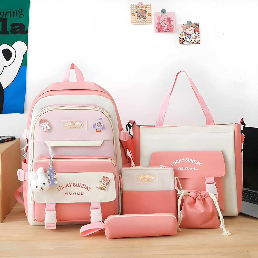 Ensemble de sacs d’école Kawai pour adolescents 5Pcs Xin Pin Shang Rose – محفظة 5 قطع كاواي وردي تنزوت