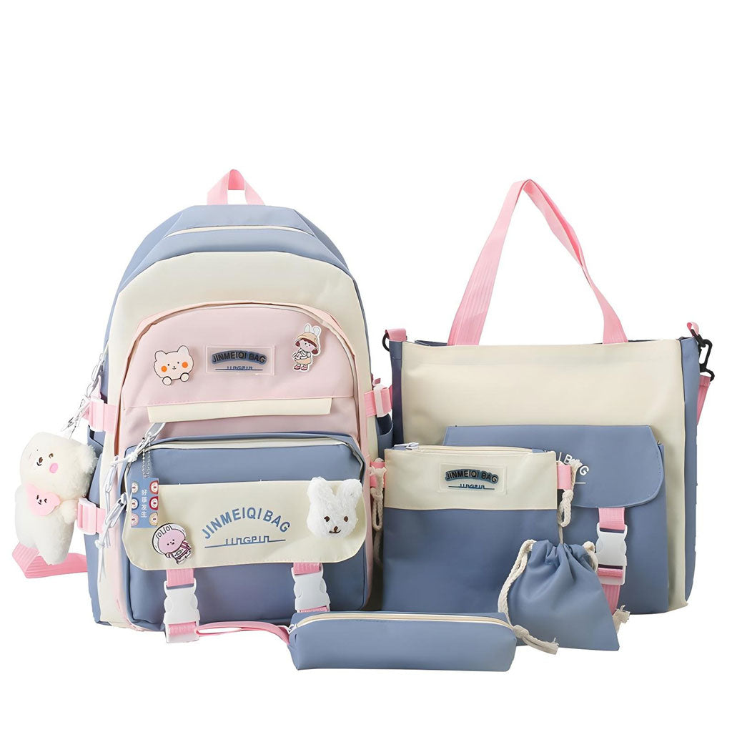 Ensemble de sacs d’école Kawai pour adolescents 5Pcs Xin Pin Shang Bleu – محفظة 5 قطع كاواي أزرق