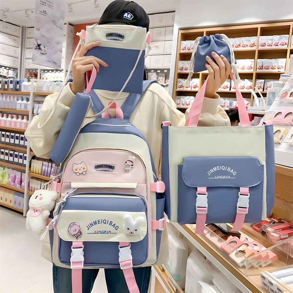 Ensemble de sacs d’école Kawai pour adolescents 5Pcs Xin Pin Shang Bleu – محفظة 5 قطع كاواي أزرق