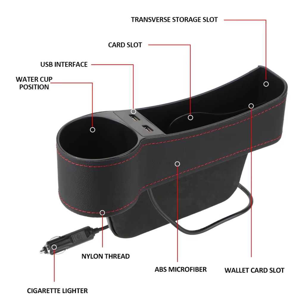 Organisateur Latéral de Console avec Chargeur USB et Porte-Gobelet – منظم جانبي لسيارة مع شاحن USB وحامل أكواب