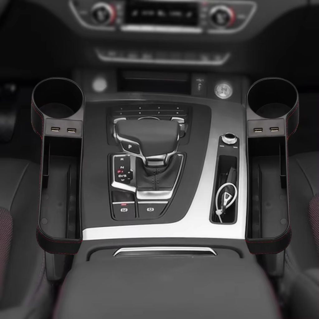 Organisateur Latéral de Console avec Chargeur USB et Porte-Gobelet – منظم جانبي لسيارة مع شاحن USB وحامل أكواب
