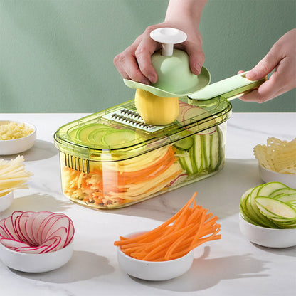Mandoline à légumes professionnelle avec 5 lames et récipient – قطاعة خضر في المطبخ تنزوت