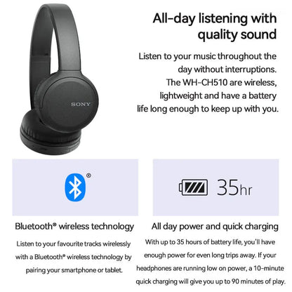 Sony Casque Bluetooth Original sans fil assistant vocal intégré, charge rapide, autonomie jusqu'à 35 heures WH-CH510