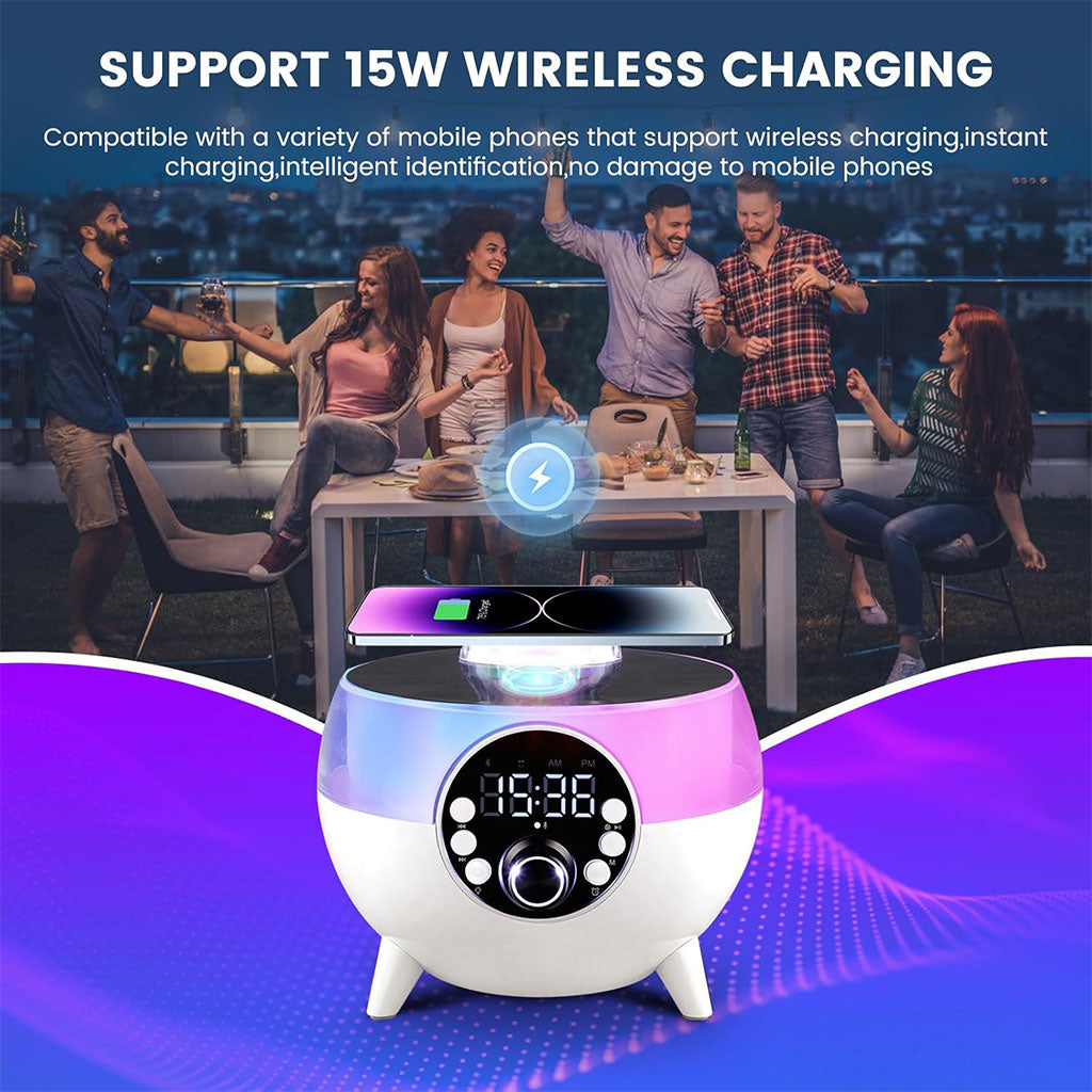 Haut-Parleur et Réveil LED d’Ambiance avec Chargeur Sans Fil 15W