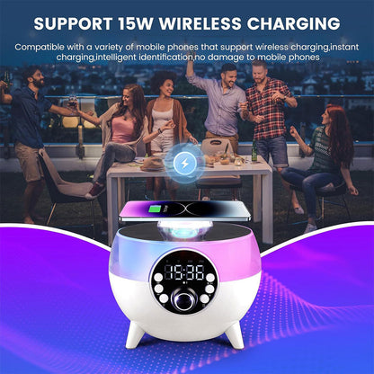 Haut-Parleur et Réveil LED d’Ambiance avec Chargeur Sans Fil 15W