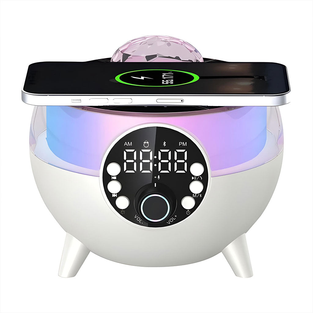 Haut-Parleur et Réveil LED d’Ambiance avec Chargeur Sans Fil 15W