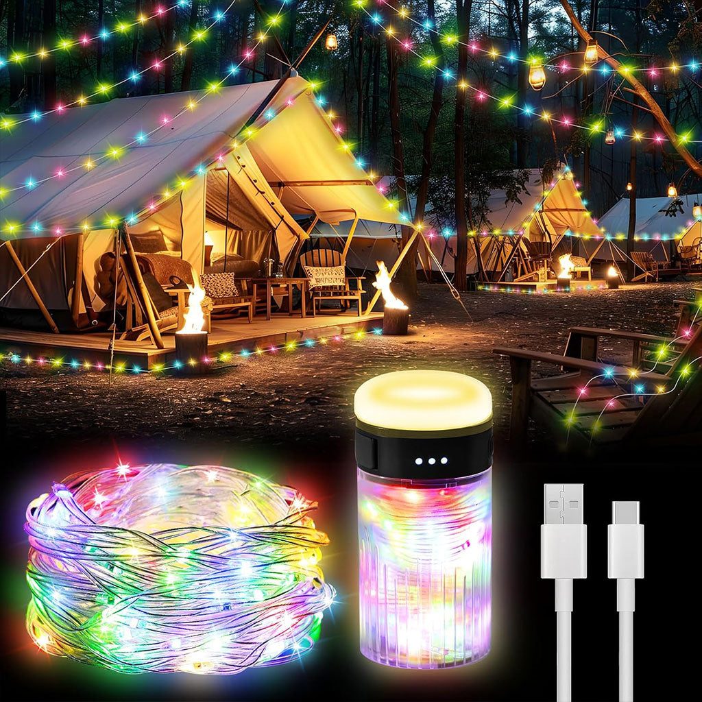 Lampe de Camping Enroulable avec Guirlande Lumineuse 10m – مصباح تخييم محمول وقابل للشحن تنزوت