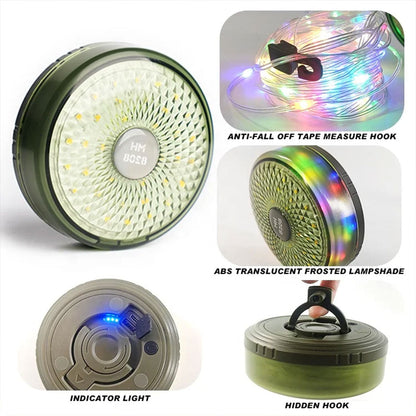 Lumière de camping LED multifonctionnelle, chargeur USB, chaîne d'atmosphère colorée