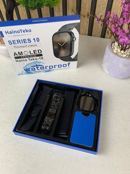Smart Watch Étanche HainoTeko-10 avec 3 bracelets de luxe en acier inoxydable et silicone – ساعة ذكية أصلية