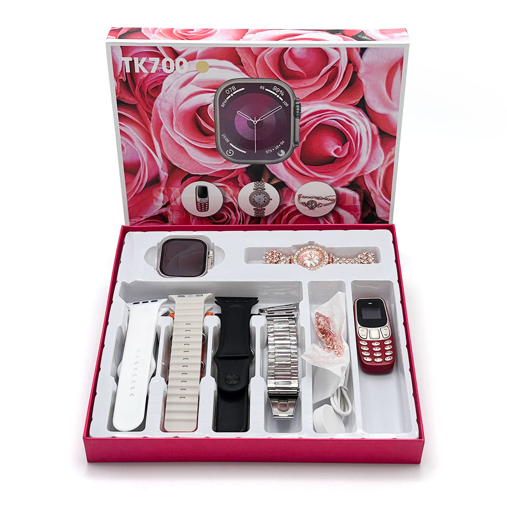 Pack Smartwatch Ultra X2 avec 7 Bracelets Montre pour Femmes – طقم ساعة ذكية وساعة نسائية مع هاتف حجم صغير