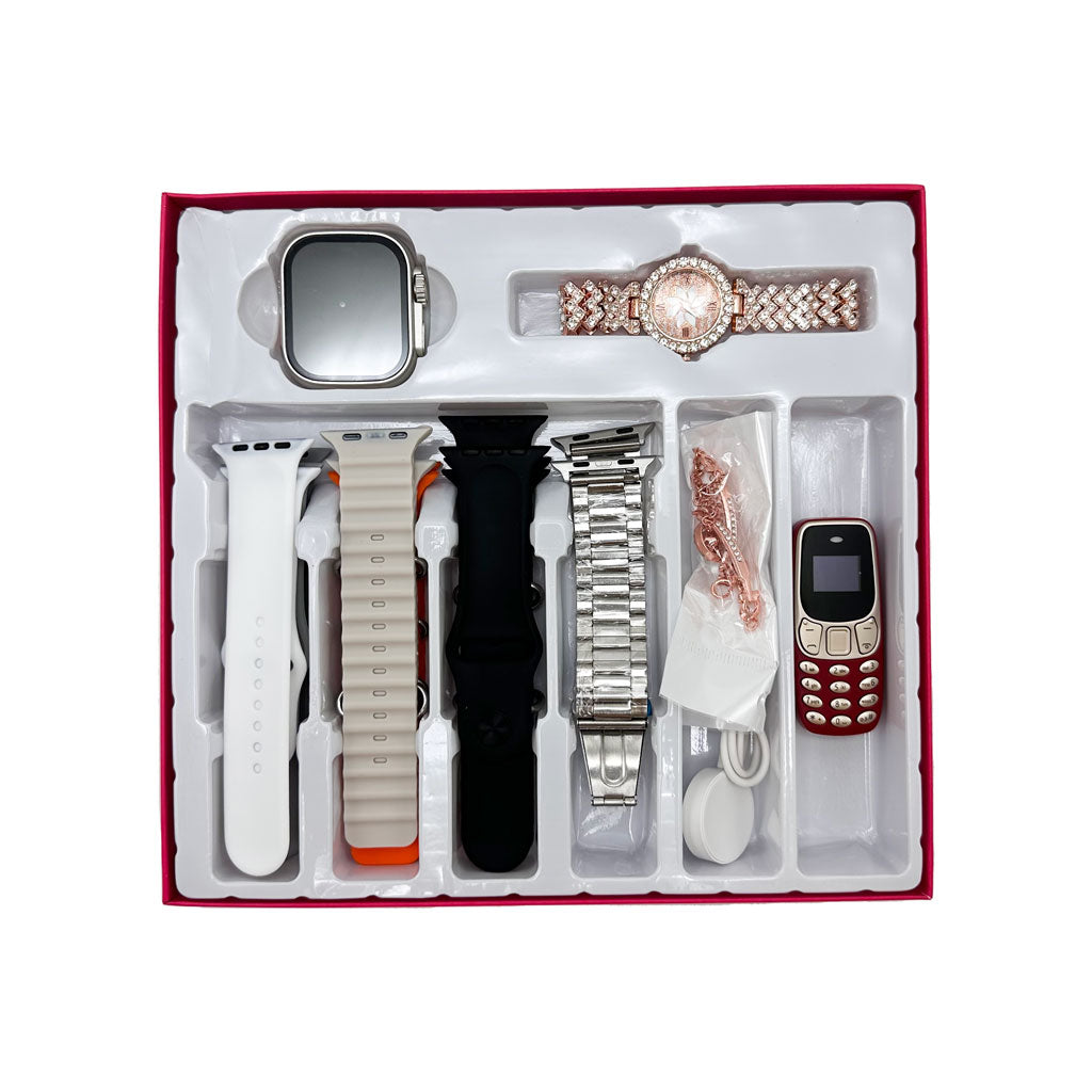 Pack Smartwatch Ultra X2 avec 7 Bracelets Montre pour Femmes – طقم ساعة ذكية وساعة نسائية مع هاتف حجم صغير