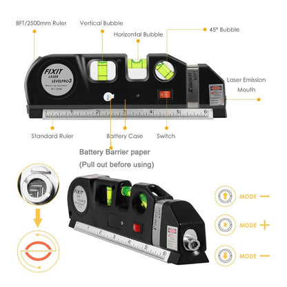 Niveau Laser 4en1 Fixit Level pro 3 Outil de musure Polyvalent Ruban De 8 Pieds
