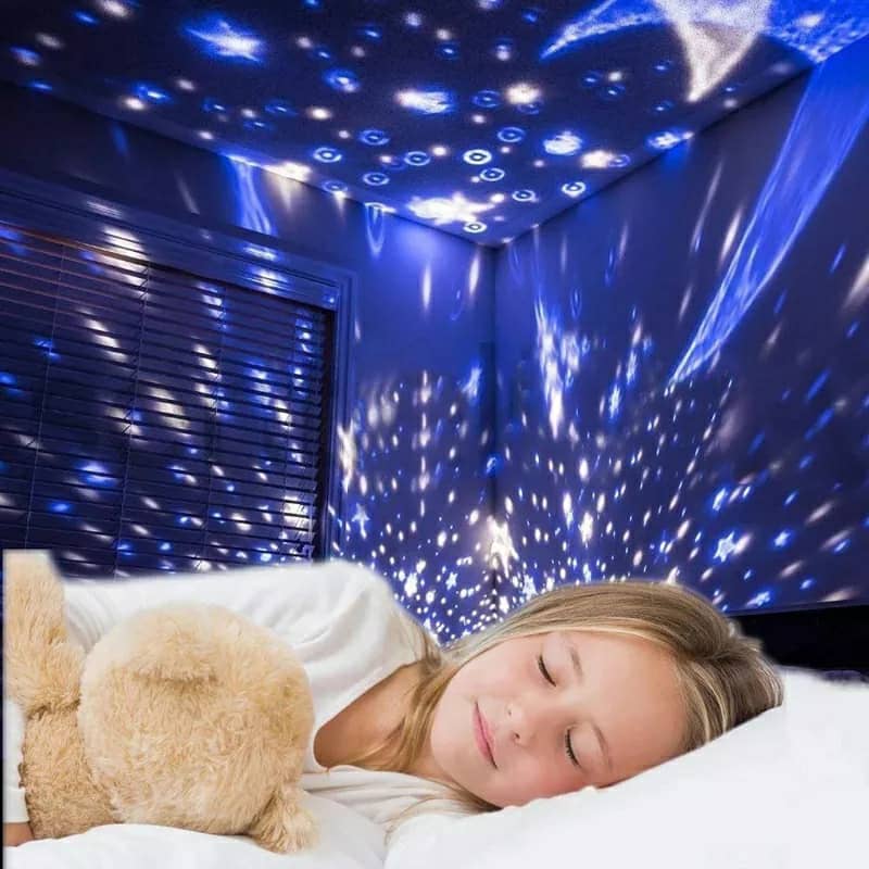 Projecteur LED rotatif produisant l’image d’un ciel étoilé, idéal pour la chambre d’un enfant