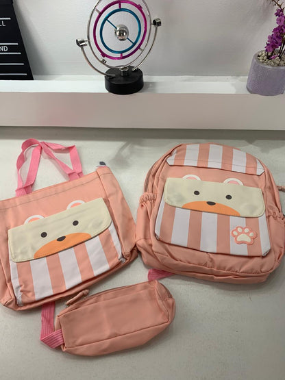 Ensemble de sacs d’école Kawai pour adolescents 3Pcs Ours Rose – محفظة 3 قطع كاواي وردي
