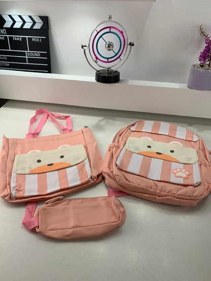 Ensemble de sacs d’école Kawai pour adolescents 3Pcs Ours Rose – محفظة 3 قطع كاواي وردي