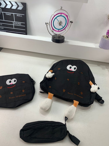 Ensemble de sacs d’école Kawai pour adolescents 3Pcs Language Noir – محفظة 3 قطع كاواي أسود