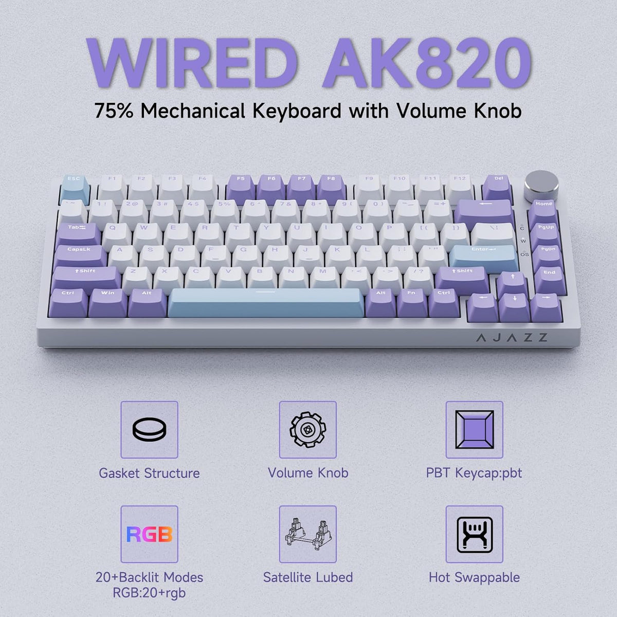 Clavier Mécanique Ajazz AK820 Purple avec Bouton de Volume et Structure Gasket - لوحة مفاتيح ميكانيكية