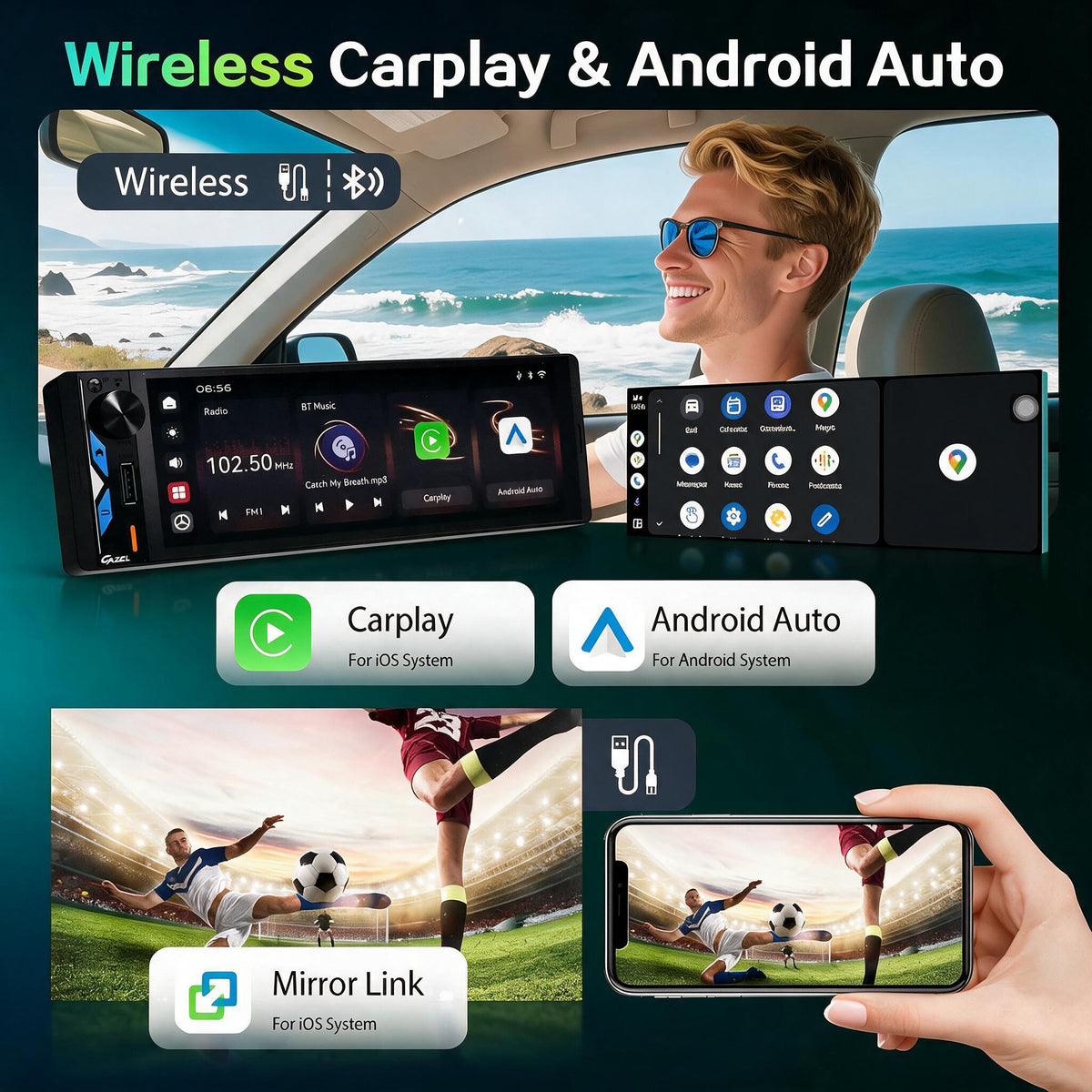 Gazel Autoradio 1Din Écran Tactile 5" IPS - Apple CarPlay et Android Auto Sans Fil Charge Rapide Type-C - راديو سيارة ذكي بشاشة لمس 5 بوصة تدعم و