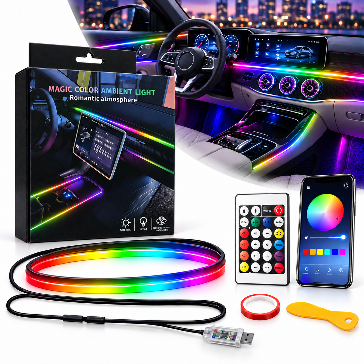 Magic Color Éclairage d'Ambiance LED Intérieur Voiture RGB et Fibre Optique - إضاءة داخلية للسيارة مع ألياف ضوئية