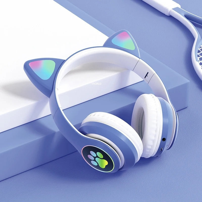 Casque stéréo Bluetooth sans fil oreilles de chat électroluminescents avec support carte TF