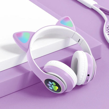 Casque stéréo Bluetooth sans fil oreilles de chat électroluminescents avec support carte TF