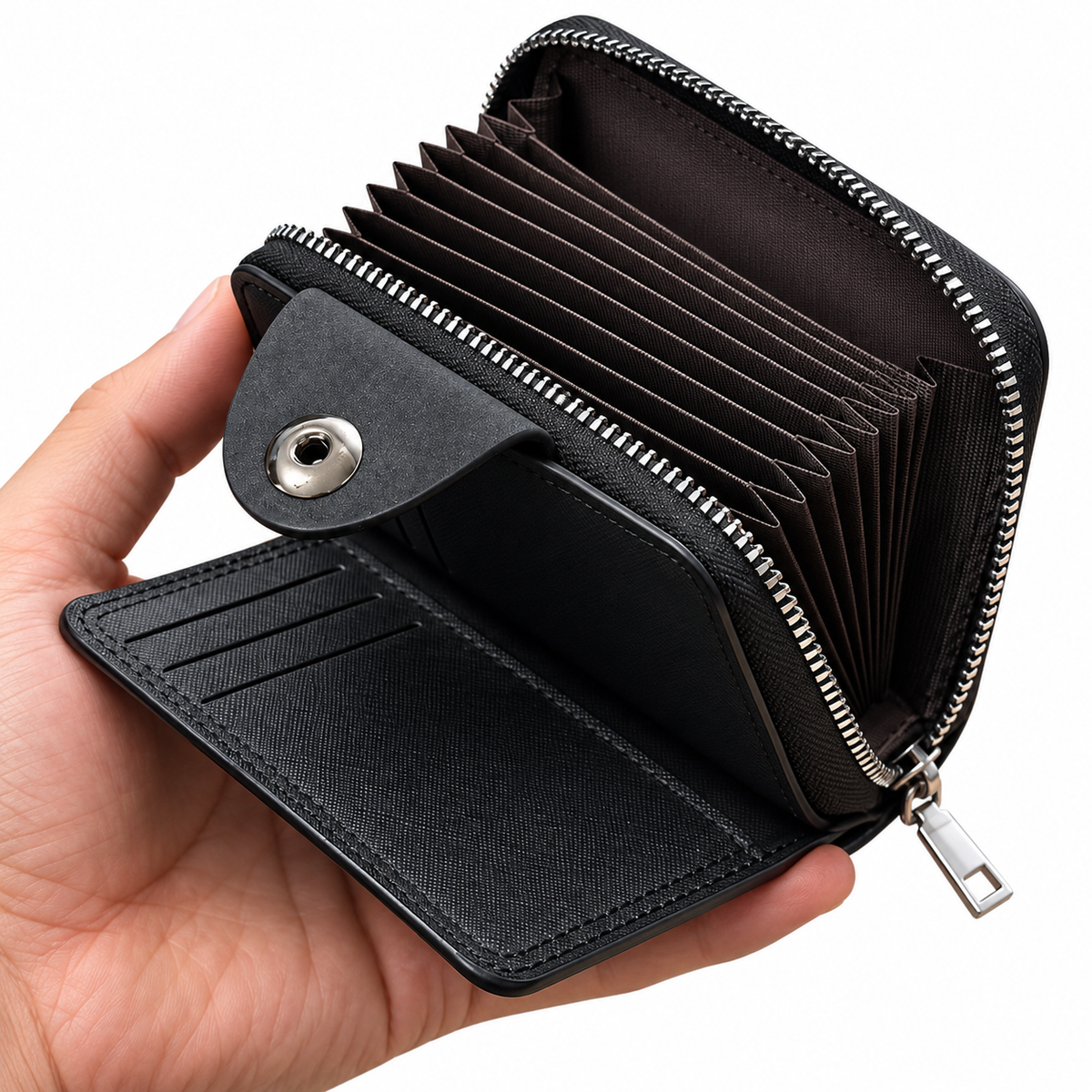 Portefeuille Porte-Cartes Sécurisé Zippé en Simili Cuir Bovi - محفظة وحاملة بطاقات جلدية متعددة الجيوب بسحاب