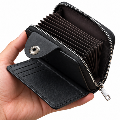 Portefeuille Porte-Cartes Sécurisé Zippé en Simili Cuir Bovi - محفظة وحاملة بطاقات جلدية متعددة الجيوب بسحاب