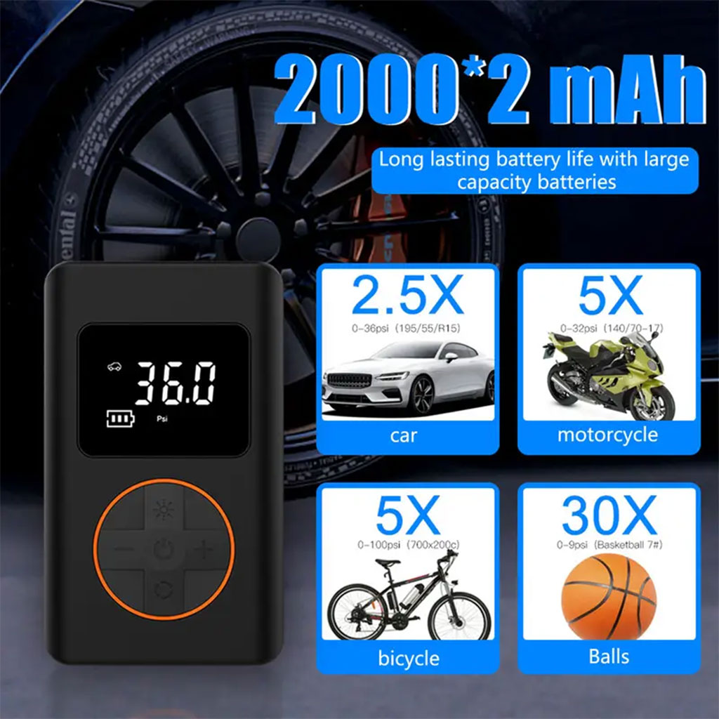 Compresseur d’air pour pneus de voiture avec manomètre numérique – جهاز ضغط الهواء