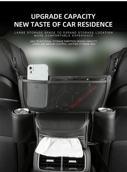 Sac de rangement en cuir pour siège de voiture, cintre central, sac à main automatique, support entre les sièges, poches pour gobelets à eau en tissu, évaluation de rangement