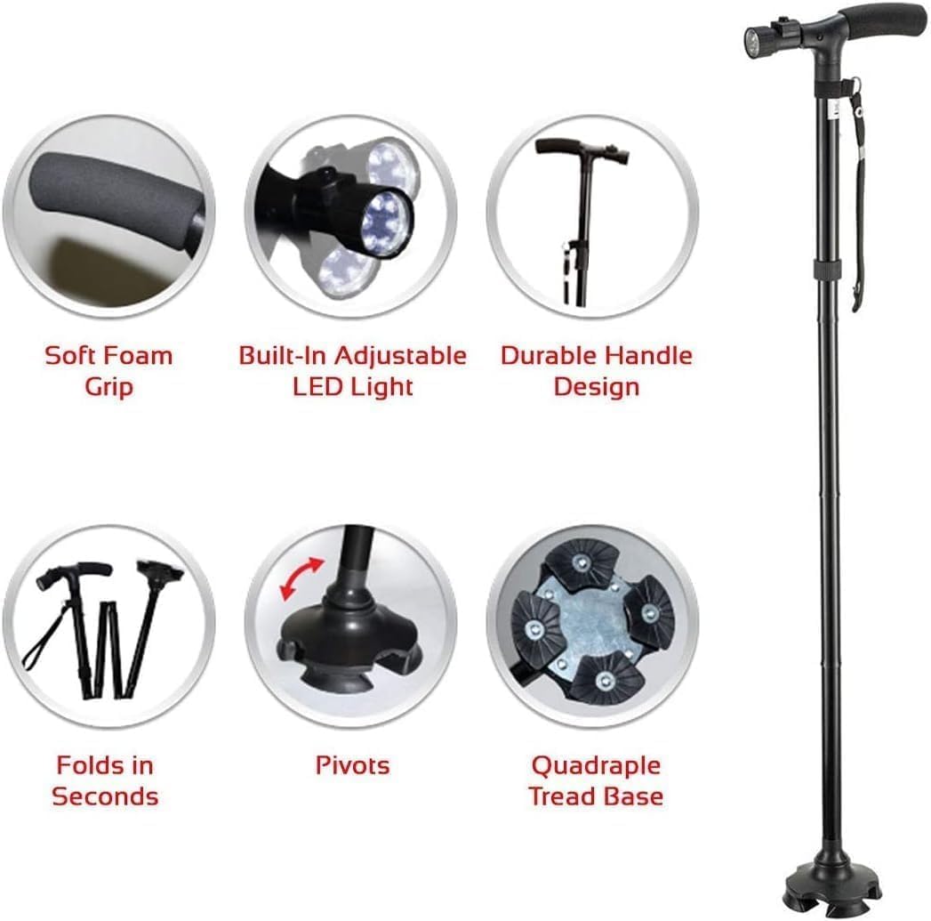 Canne de Marche Pliable avec Lampe LED Base Pivotante Quadruple Hauteur Réglable - عصا المشي القابلة للطي المزودة بإضاءة وقاعدة رباعية ثنائية التوازن