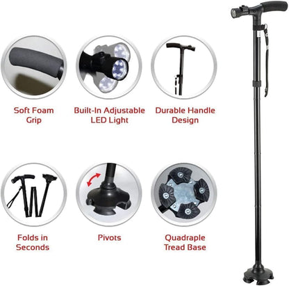 Canne de Marche Pliable avec Lampe LED Base Pivotante Quadruple Hauteur Réglable - عصا المشي القابلة للطي المزودة بإضاءة وقاعدة رباعية ثنائية التوازن