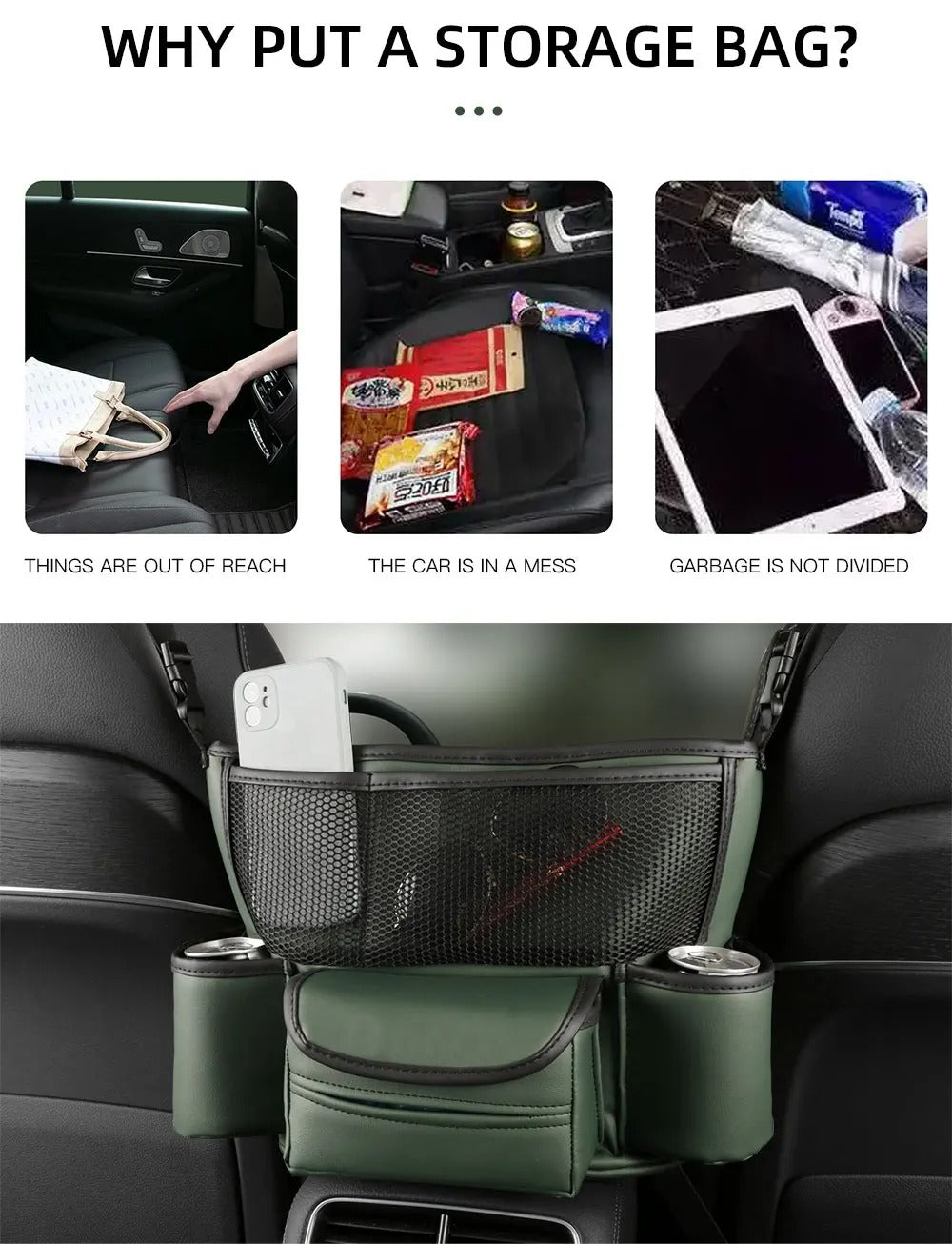Sac de rangement en cuir pour siège de voiture, cintre central, sac à main automatique, support entre les sièges, poches pour gobelets à eau en tissu, évaluation de rangement