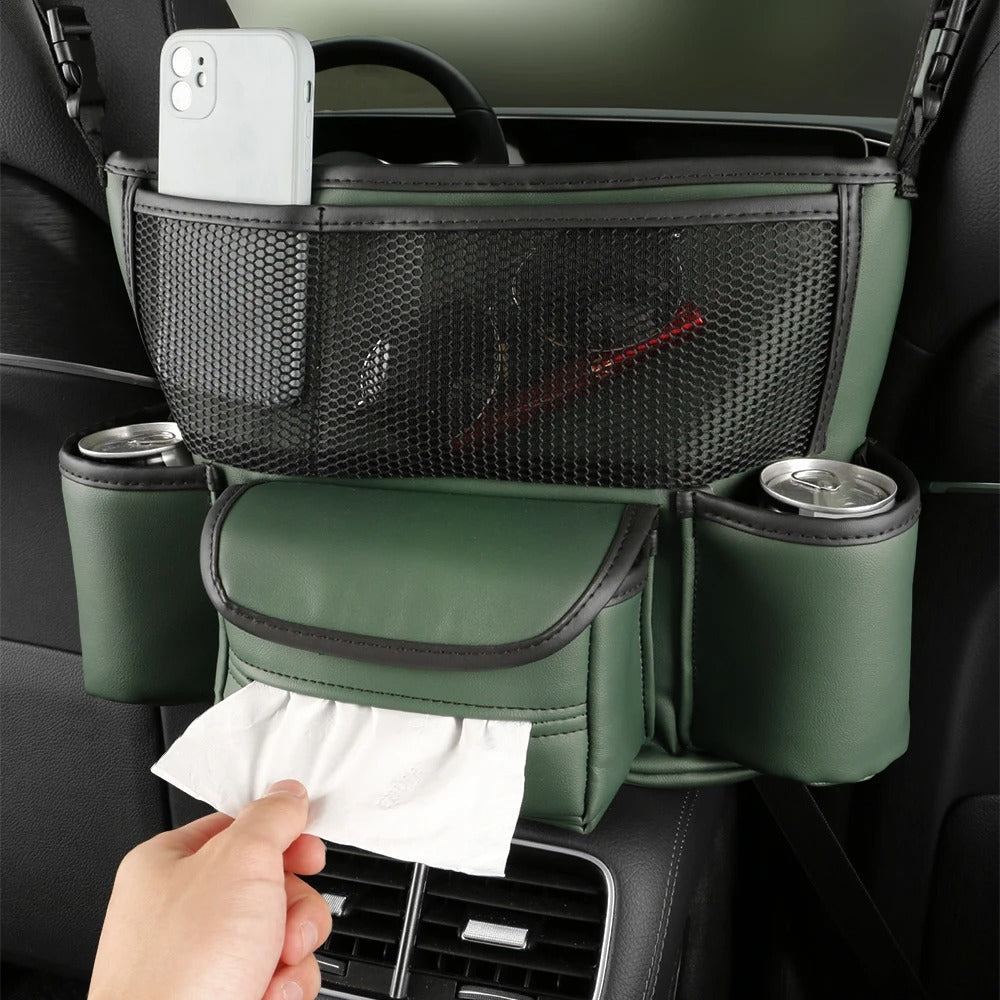 Sac de rangement en cuir pour siège de voiture, cintre central, sac à main automatique, support entre les sièges, poches pour gobelets à eau en tissu, évaluation de rangement - تنزوت