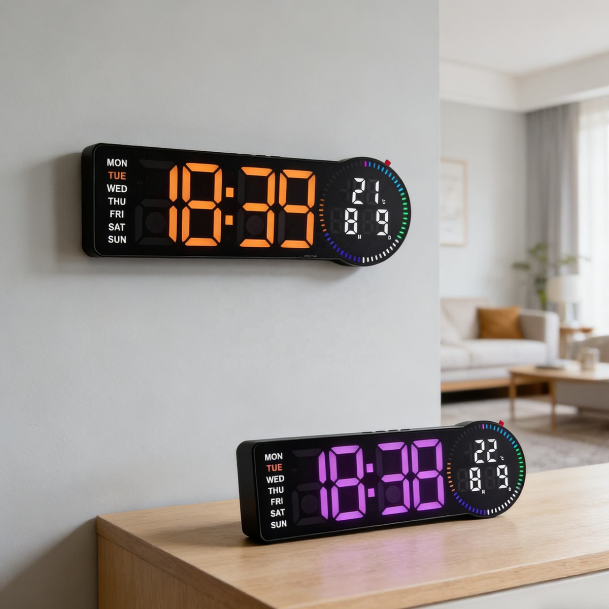 Horloge Murale Numérique LED RGB avec Télécommande et Calendrier 6688 - ساعة حائط رقمية ذكية إضاءة مع منبه ودرجة حرارة